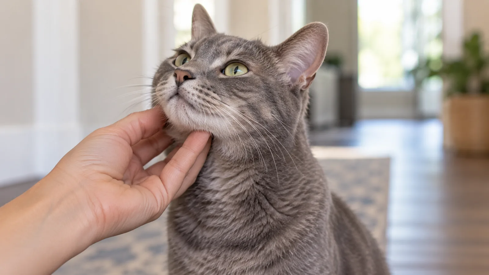 A hand gently feeling under the chin and throat of a grey tabby cat in a bright hallway.